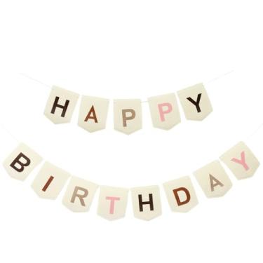 Imagem de Faixa de feliz aniversário de feltro, guirlanda de letreiro de festa de feliz aniversário boho colorida pré-amarrada, bege neutro boêmio, decorações de berçário