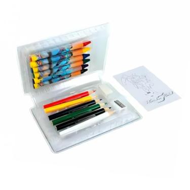 Imagem de Kit Escolar Infantil, 18 Peças, com Lápis de Cor, Giz de Cera, Desenhos para Colorir, Borracha e Apontador (Laranja)