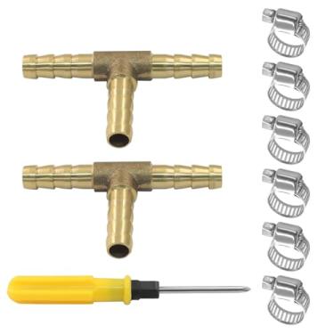 Imagem de Seimneire 2 peças de acessórios de farpa de latão de 1/10.2 cm com 6 peças de braçadeiras de tubo de aço inoxidável, emenda de farpa de mangueira de interseção de união em forma de T de 3 vias para