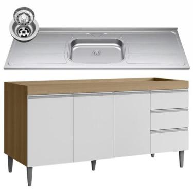Imagem de Balcão de Cozinha com Pia Inox 160cm Andréia Amêndoa/Branco - AJL Móve
