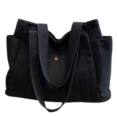 Imagem de Bolsa de Lona Feminina Grande de Ombro Forrada Faculdade Passeio e Trabalho (Preta)