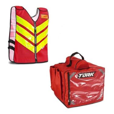 Imagem de Kit Motoboy Mochila Térmica 45 Litros Pizza + Colete Refletivo Vermelh