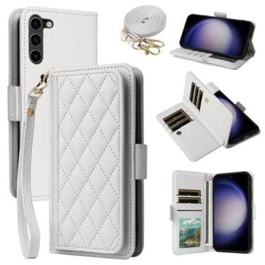 Imagem de Dibosom Capa carteira para Samsung Galaxy S23 Plus S23+ 5G Argyle com alça de pulso/ombro compartimentos para cartões, capa de celular acolchoada para S23plus 23S + S 23 23+ SM-S916U 16.8 cm branca