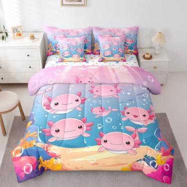 Imagem de Erosebridal Jogo de cama Axolotl com tema de axolote kawaii, para decoração de quarto rosa, colorido, oceano, mundo submarino, cama de animal submarino em uma bolsa, conjunto de cama de 7 peças