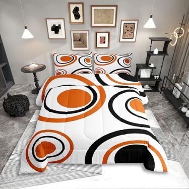 Imagem de Erosebridal Conjunto de cama King abstrato laranja, círculos geométricos, moderno, para adultos, mulheres, homens, arte boho, estética, listrada, minimalista, preto e branco
