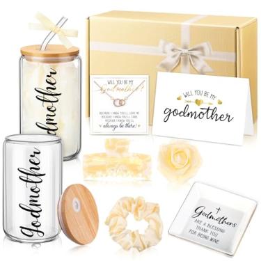 Imagem de Honeydak Conjunto de 8 peças de presente de pedido de madrinha Will You Be My Godmother from Godchild 340 g copo de vidro colar anel bugiganga prato caixa de presente para dia das mães aniversário