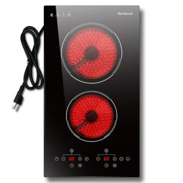 Imagem de Fogão elétrico de 2 bocas, fogão elétrico de 110 V com plugue, bancada de 30 cm e fogão elétrico portátil embutido, 9 níveis de potência, 2000W, controle de toque, trava de segurança, temporizador