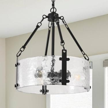 Imagem de Viksroeo Lustre preto para sala de jantar 40.6 cm moderno lustre de vidro texturizado 3 luzes tambor cristal luminária vintage casa de fazenda redonda para cozinha ilha sobre mesa
