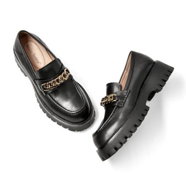 Imagem de BEAU TODAY Mocassins Chunky Femininos, Sapatos Plataforma Salto Grosso, Sola De Metal, Slip-On Com Corrente, Calçados Confortáveis Para Trabalho, Bico Redondo, Preto, Eua 5.5