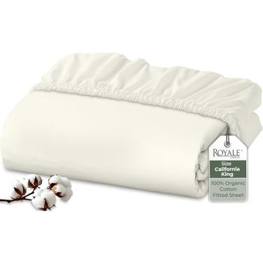 Imagem de Royale Linens Lençol com elástico 100% algodão orgânico – tecido percal – lençol de baixo supermacio com bolso profundo – lençol King com elástico marfim – somente lençol com elástico California King