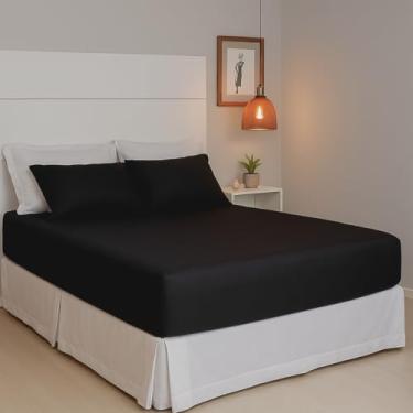 Imagem de Jogo de Lençol Queen Malha 100% Algodão Liso com Elástico 3 peças Toque Macio Top (Preto)