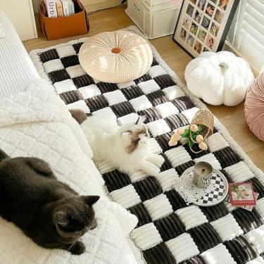 Imagem de Capa de sofá de cama de tapete quadrado quadrado xadrez grandes de cor creme - 2023 nova cobertura de chão de algodão elegante, manta impermeável capa de cama para PE, Nero, 27,5 * 59 polegadas