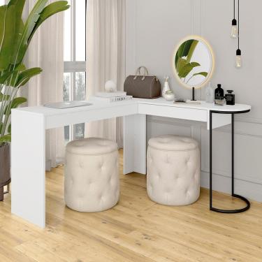 Imagem de Camarim Em L Industrial Com Led E Espelho Oval Mavi Bco/pto Fosc - M.a