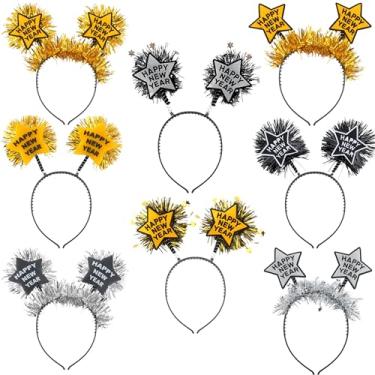 Imagem de Restroma 8 peças de faixa de cabeça de ano novo com estrela dourada e prata Feliz Ano Novo para crianças e adultos lembrancinhas de festa de véspera de ano novo