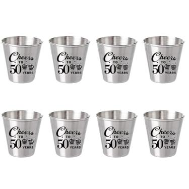 Imagem de 8 peças Cheers To 50 Years 59 g Copos de shot de aço inoxidável 50º aniversário lembrancinhas para convidados Fabulous Party Favors Decorações engraçadas presentes de aniversário para ele ela