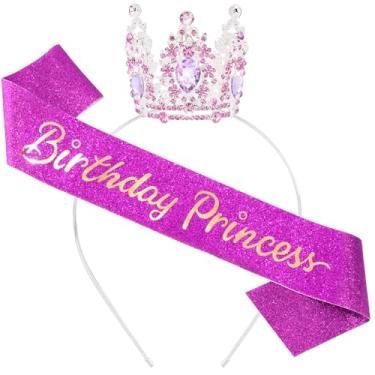 Imagem de Birthday Princess Sash for Women Tiara & Crowns Headbands for Girls Happy Birthday Party Accessories Favor Supllies Leona Gold Silver Pink Purple, 2 Pack