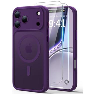 Imagem de JJL Capa magnética para iPhone 17 Pro, compatível com Magsafe, [com 2 protetores de tela] [proteção total da câmera] Capa protetora fina translúcida fosca à prova de choque, roxo profundo