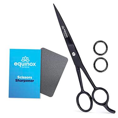 Imagem de Tesouras profissionais Equinox com descanso de dedo e inserções de dedo – Tesoura de corte de cabelo de barbeiro temperado – 6,5 polegadas – Tesoura de cabelo resistente à ferrugem de aço inoxidável, B - Matte Black, 6.5"