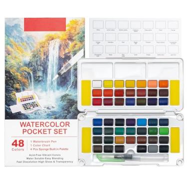 Imagem de Conjunto de bolso para aquarela, paleta de tinta aquarela sólida com caneta pincel de água, tabela de cores e esponja, kit de pintura portátil de viagem para artistas, estudantes e iniciantes (48