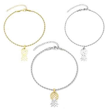 Imagem de SLG Collection Tornozeleira de abacaxi de cabeça para baixo - ouro, prata ou combinação de aço inoxidável colorido de cabeça para baixo com pingente de abacaxi com corrente de corda, Large, Aço