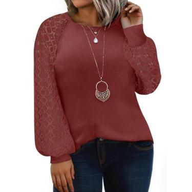 Imagem de Blusa feminina Eytino plus size de renda de manga comprida vermelha 3X