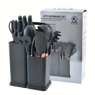 Imagem de Kit 19 Utensílios de Cozinha Silicone Tábua Faca Pegador Batedor Espát