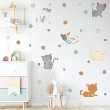 Imagem de Adesivo de Parede Gatinhos Cute Baby Aquarela Bolinhas Linha Colorido 