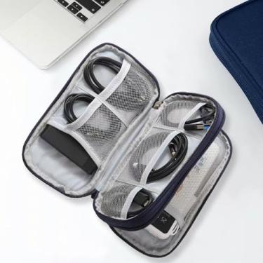 Imagem de Estojo de transporte de acessórios eletrônicos, bolsa organizadora de viagem, bolsa de armazenamento de camada dupla portátil à prova d'água para cabo USB, cabo, fone de ouvido azul-marinho