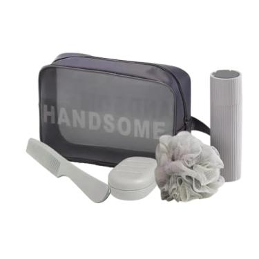 Imagem de Kit Necessaire Masculina para Viagem Completo com 5 Itens - Bolsa de Higiene, Saboneteira, Porta Escova de Dentes, Esponja e Pente | Organizador Impermeável para Academia (Cinza com Itens Cinzas)