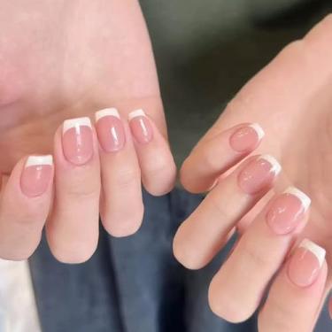 Imagem de French Tips Kits de unhas postiças acrílicas unhas curtas de pressão rosa branco unhas francesas quadradas brilhantes cobertura completa para mulheres 24 peças/conjunto