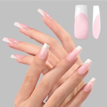 Imagem de Pregos quadrados compridos: conjunto de unhas cosméticas de ponta francesa longa com 64 tamanhos, primer pré-aplicado e camada de base com cola de unha super segura para projetos DIY de extensão de