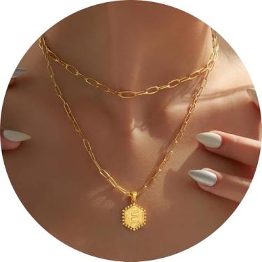 Imagem de Colar feminino com inicial em camadas, aço inoxidável banhado a ouro 18K, pingente de clipe de papel duplo A a Z, conjunto de duas correntes destacáveis, 16.5in/ 14+2in, Aço inoxidável, Sem Pedra