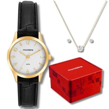 Imagem de Kit Relógio Mondaine Feminino Mini Dourado Couro Preto 5atm 32794LPMKD