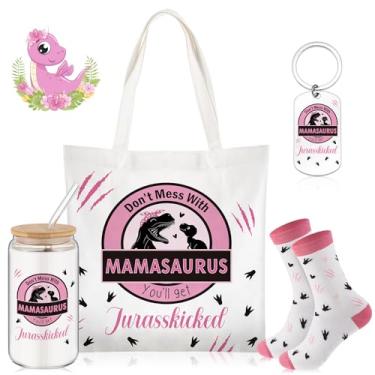 Imagem de Paterr 4 peças presentes para mulheres presente temático para com sacola de lona 473 ml copo de café de vidro com meias de palha chaveiro fofo (Mamassaurus)