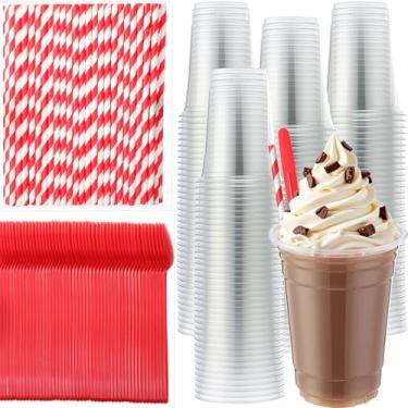 Imagem de Potchen 150 conjuntos de utensílios descartáveis, copos de plástico com raiz de cerveja de 473 ml, copos de parfait, colheres de sudae de 21 cm e canudos de papel vermelho, utensílios de plástico para