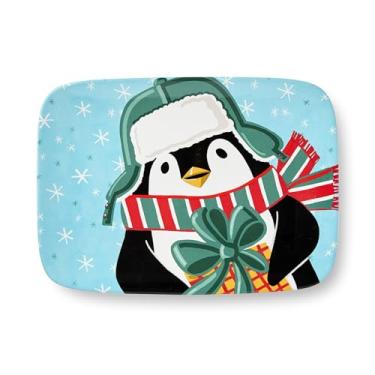 Imagem de Bandeja retangular Christmas Whimsy Penguin – Bandeja de cerâmica de 35,5 x 25,4 cm com design festivo de pinguim, utensílios de mesa de festa de inverno para aperitivos, biscoitos, lanches e