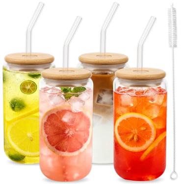 Imagem de Alotpower Copos de vidro com tampas e canudos de 473 ml, pacote com 4 copos de vidro com tampas de bambu e canudos de vidro, para café gelado, chá de bolhas, cerveja, conjunto de copos reutilizáveis