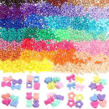 Imagem de Huquary 21.000 contas de pônei a granel 6 x 9 mm formas mistas contas Kandi de plástico para pulseira para artesanato multicolorido, colar arco-íris, joias, chaveiro, tranças, 50 cores