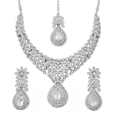 Imagem de Touchstone indiano Bollywood cristais brancos/rosa colar de joias de noiva para noite de casamento em tom prateado para mulheres