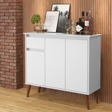 Imagem de Aparador Buffet Retrô Branco Pés de Madeira com 3 Portas e Gaveta Veneza