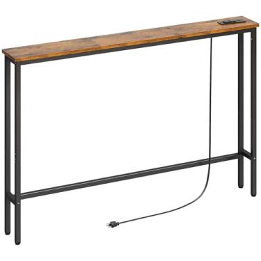 Imagem de ELYKEN Mesa de sofá com console estreito de 119,9 cm com tomada elétrica, mesa de sofá com estação de carregamento, mesas de entrada longas para sala de estar, corredor, marrom rústico