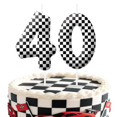 Imagem de Velas de aniversário número 40 de carros de corrida, preto e branco, com tema de bandeira quadriculada para meninos e meninas, decorações de bolo para aniversários, suprimentos de festa com tema de