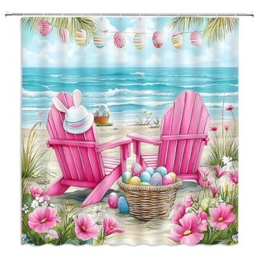 Imagem de UOZXOML Cortina de chuveiro de praia oceano de Páscoa tropical folhas de palmeira ovos de Páscoa cadeira reclinável rosa floral azul ondas do mar chapéu de coelho tecido decoração de banheiro cortinas