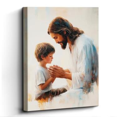 Imagem de WOXZQ Arte de parede de Jesus Cristo, oração com menino, decoração de parede religiosa, impressão em tela sem moldura, arte de pôster cristão, para presente de casa de sala de oração, 30 x 38 cm