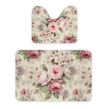 Imagem de Tapete de banheiro macio rosa rosa, tapete felpudo de microfibra, super absorvente, lavável na máquina, antiderrapante com vaso sanitário em forma de U para banheiro, banheira, chuveiro