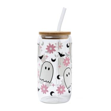 Imagem de Copo fantasma de Halloween, copos de café gelado de vidro de 473 ml com tampa e canudos, presentes assustadores para mulheres, meninas e crianças