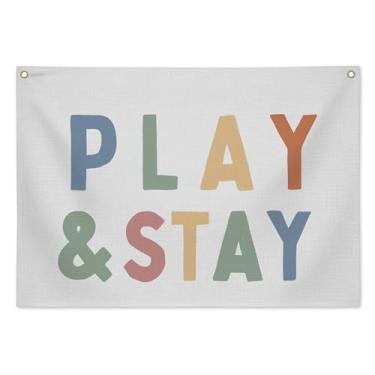 Imagem de Faixa de linho Play & Stay para berçário de sala de jogos, pendurar na parede neutra para decoração de quarto de bebê, arte rústica de quarto infantil para meninos e meninas, 71 x 50 cm - C01