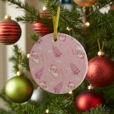 Imagem de Enfeite de Natal 2025, enfeite de pendurar de cerâmica redondo de Papai Noel doce de Natal para árvores de Natal, coração de árvore de Natal em linho rosa, enfeites para pendurar em casa, suprimentos