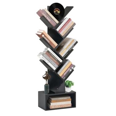 Imagem de LUSHZLUMBERA Estante de árvore de 6 camadas, estante de madeira alta e estreita com gaveta e armário de armazenamento, pequena prateleira organizadora independente para quarto, sala de estar