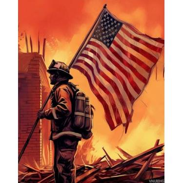 Imagem de VNUIEHG Pintura por números para adultos 40,6 x 50,8 cm, kits de pintura por números em tela, faça você mesmo, pintura a óleo por números para bombeiros iniciantes, caminhão de bombeiros, bandeira
